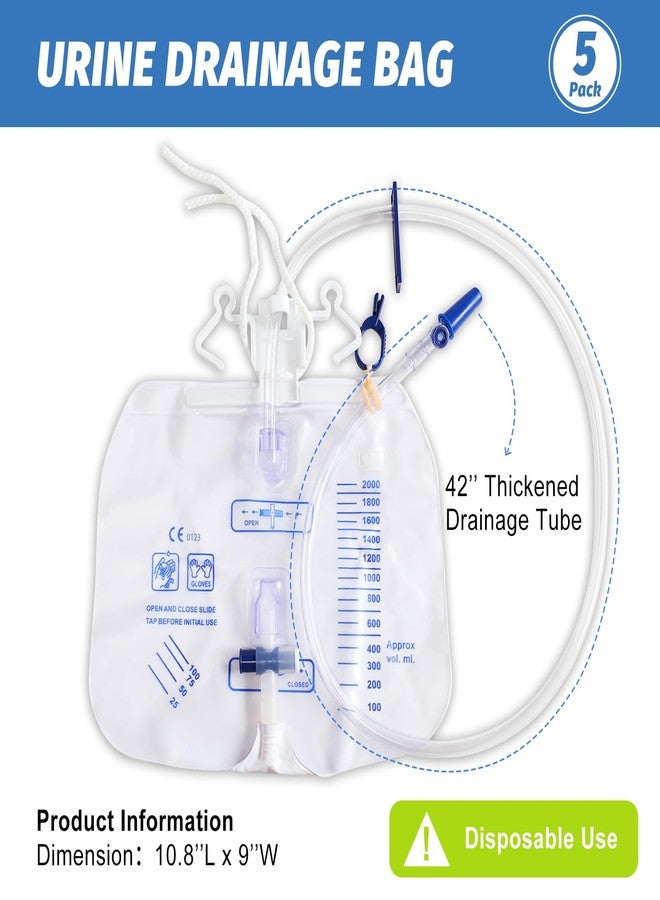 ELERA 5 Pack Urinary Drainage Bag with Anti-Reflux Chamber, 2000ml Professional Adult Urine Bags for Home and Hospital Use -Catheter Bags - Image 2